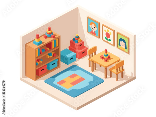 3D isometric colorful playroom interior with toys, shelves, play mat, and child furniture, ideal for education visuals, family themes, and playful home concepts