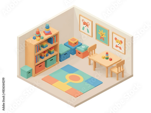 3D isometric colorful playroom interior with toys, shelves, play mat, and child furniture, ideal for education visuals, family themes, and playful home concepts