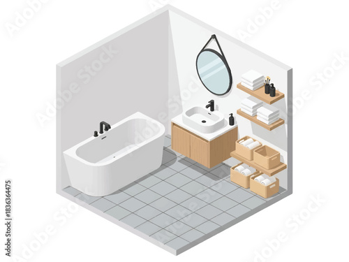 3D isometric bathroom section with tub, sink, mirror, cabinets, and storage baskets, ideal for home renovation, lifestyle decor, and house layout designs