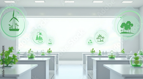Sustainable Education and Green Technology Concept in Modern Classroom with Recycle Symbol Display