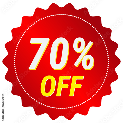 70% Off sticker. Red 70% off discount sticker with white text and border.