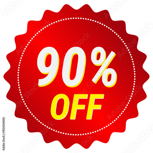 90% Off sticker. Red starburst sale sticker with a 90 percent off discount promotion message.