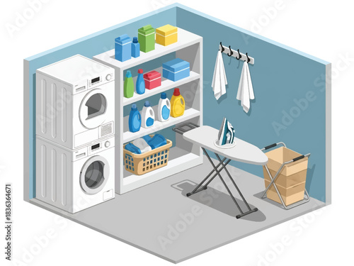 3D isometric laundry room with washer, shelves, detergent, ironing board, and organized layout, perfect for home lifestyle visuals and functional room concepts