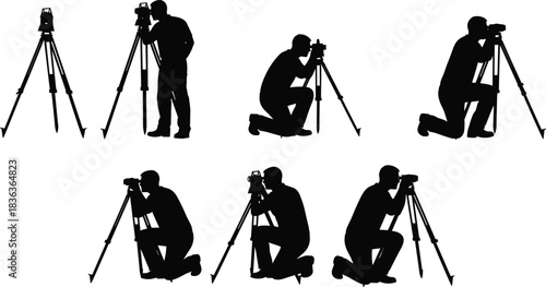 Professional surveyor photographer engineer silhouette collection setting up equipment tripod for construction real estate architecture land measurement analysis job occupation worker