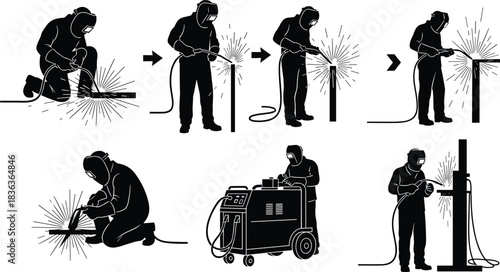 Professional welders are industrial workers wearing protective uniform welding metal sparks, construction engineering fabrication manufacturing process, working occupation safety equipment, dark 