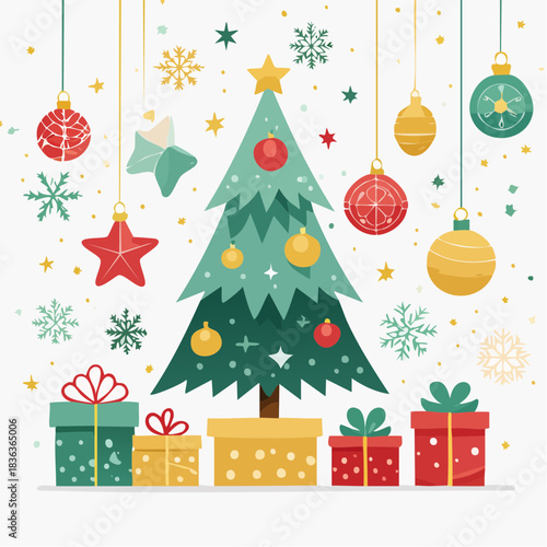 Festive Christmas Tree Adorned with Ornaments and Wrapped Gifts, Celebrating Holiday Cheer and Winter Season