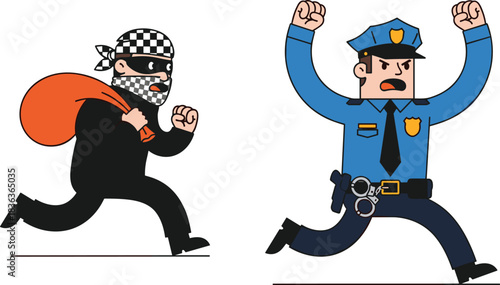 Running Thief Escaping with Stolen Goods Bag Followed by Rushing Policeman Chasing to Catch the Criminal, Law Enforcement Pursuit Concept Vector Illustration, Crime and Justice Graphic.