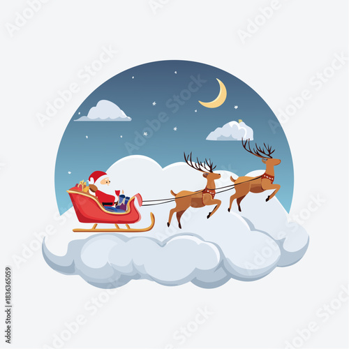 Charming festive illustration depicting Santa Claus flying his sleigh, pulled by majestic reindeer, high above the moonlit clouds, bringing holiday cheer and wrapped presents to children worldwide