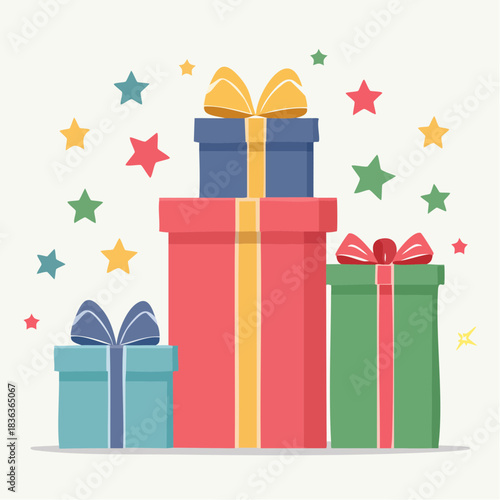 Colorful gift boxes stacked high with ribbons and bows, adorned with scattered stars, perfect for celebrations and special occasions