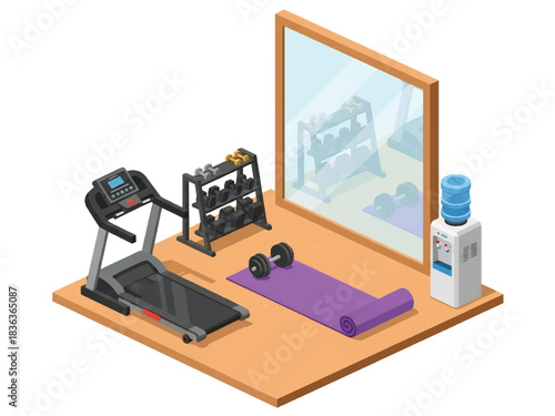 3D isometric gym room interior with treadmill, dumbbells, yoga mat, and mirror wall, ideal for fitness lifestyle designs and modern home environments