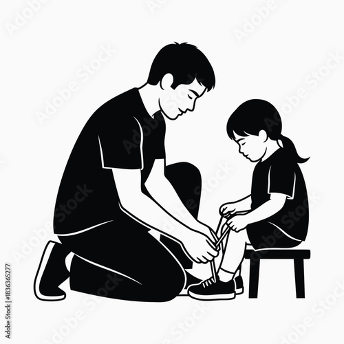 Father tying child s shoelaces with care