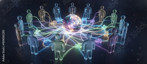 Network Connections Around a Glowing Earth with Human Silhouettes