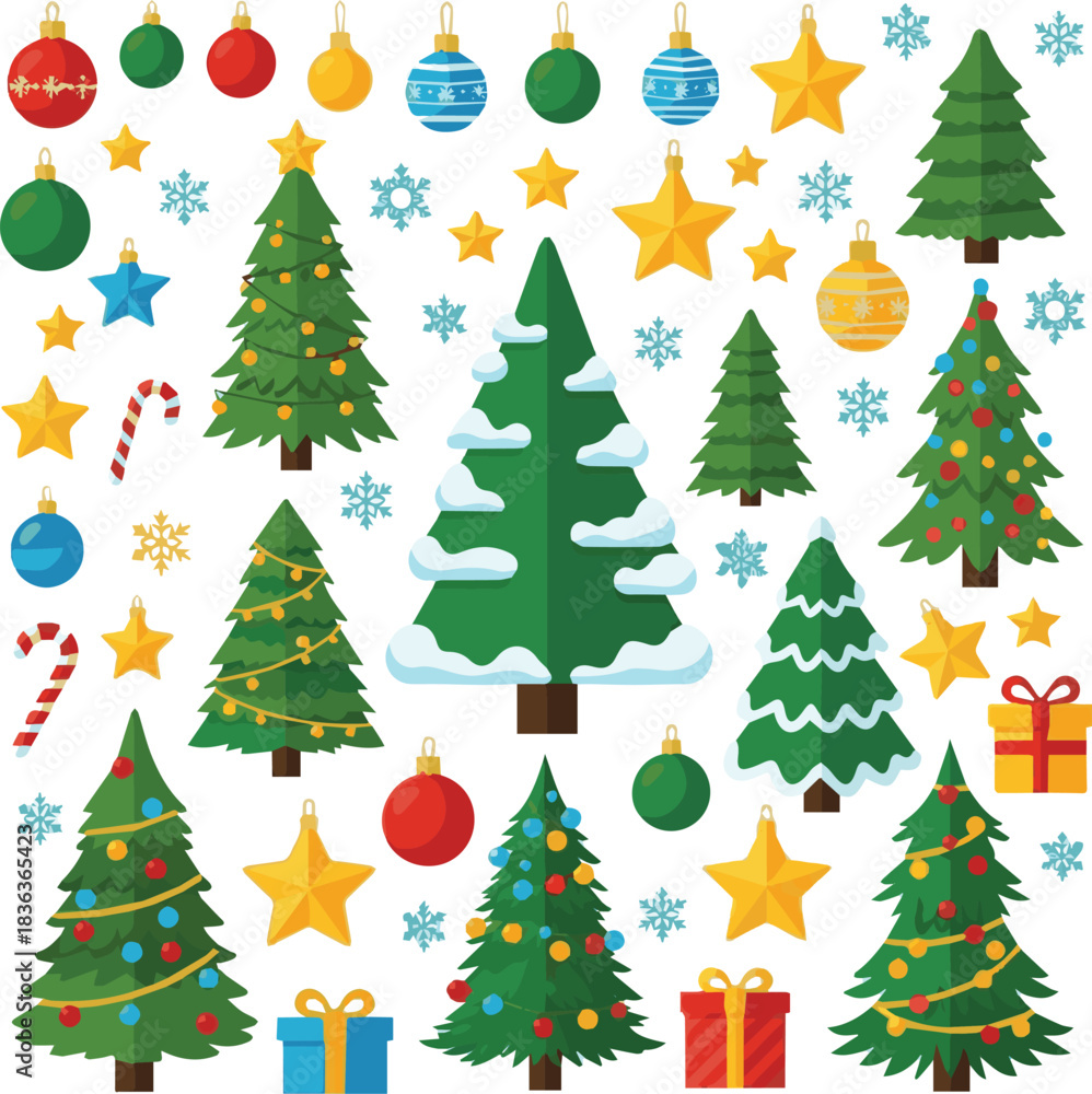 Fototapeta premium set of christmas trees. Green Christmas tree drawing clip art collection with snow, xmas balls and stars decoration elements for winter holiday celebration vector illustration