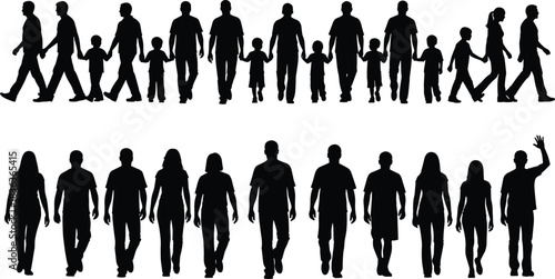 Silhouettes of diverse families and various walking people, black vector graphic cutouts representing community, unity, and diverse human movement, isolated on white background for design resources.