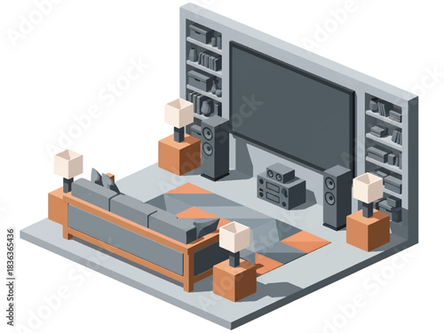 3D isometric home theater with large sofa, projector screen, speakers, and snacks corner, ideal for entertainment lifestyle themes and modern living visuals