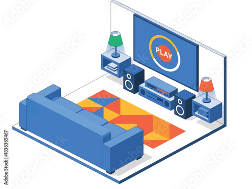3D isometric home theater with large sofa, projector screen, speakers, and snacks corner, ideal for entertainment lifestyle themes and modern living visuals