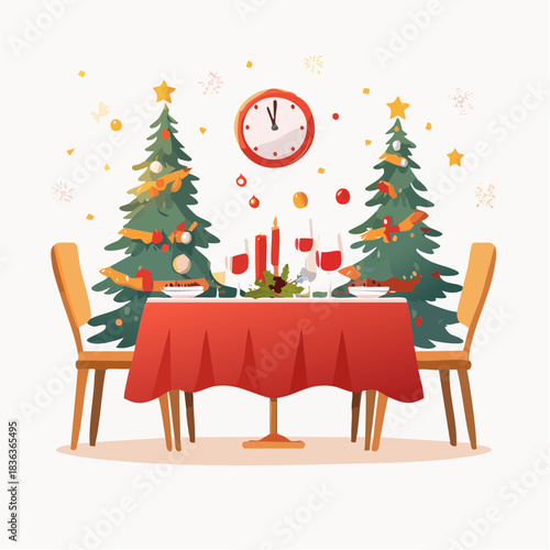 A festive table set for a romantic Christmas or New Year's Eve dinner for two, with decorated trees and a clock about to strike midnight