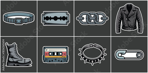 Punk rock rebel fashion icon collection featuring leather boots studded collar razor blade safety pin metal chain cassette tape for alternative music identity and visual branding