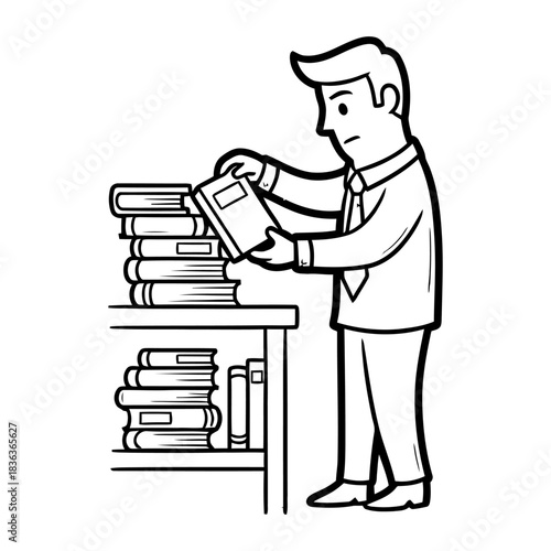 Simple Line Art Cartoon Man Organizing Books on Desk Illustration