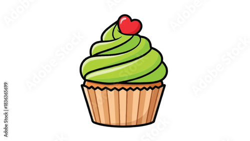 A Delicious Cupcake with Green Frosting and a Heart Topping.
