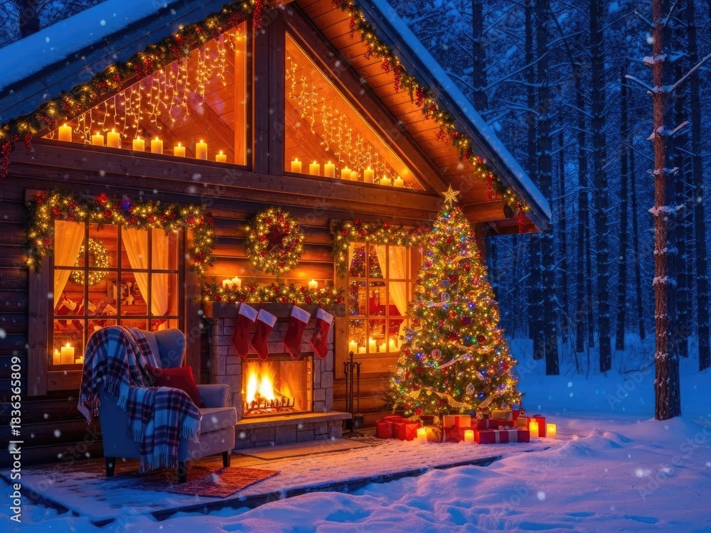 Obraz premium Experience the magic of Christmas in a cozy cabin nestled in a snowy forest, complete with a crackling fireplace, twinkling lights, and a beautifully decorated tree, perfect for holiday cheer