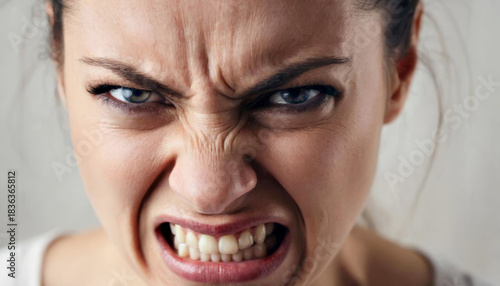 Woman expressing anger. Intense facial expression of frustration or upset. Close up shot for emotional reaction concept.
