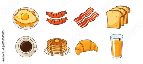 Breakfast food selection fried egg sausage bacon toast coffee pancakes croissant juice