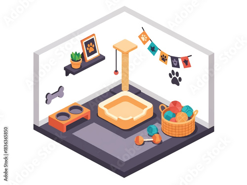 3D isometric pet room interior with bed, toys, food bowls, and climbing furniture, ideal for animal lover themes and home layout concepts