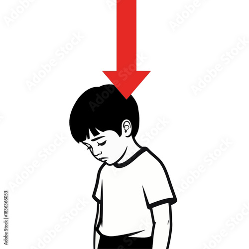 Sad boy with red downward arrow pointing at head. Emotional decline and depression concept. Black and white line art vector illustration
