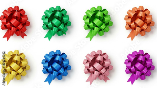 Realistic 3D Gift Bows in Various Colors, Top View, Evenly Spaced on White Background, High Detail
