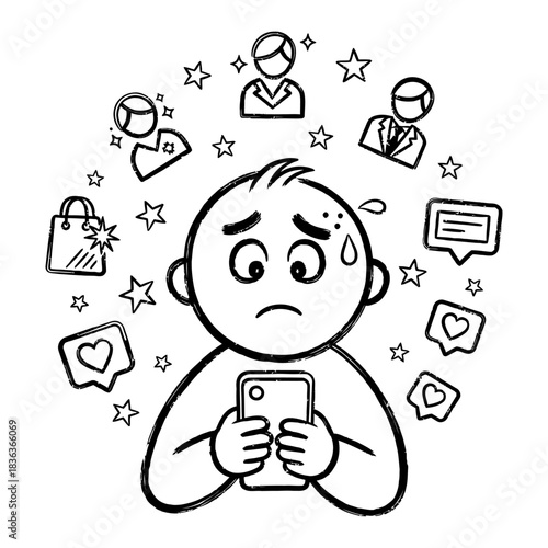 Monochrome Doodle Character Overwhelmed by Radial Digital Communication Icons