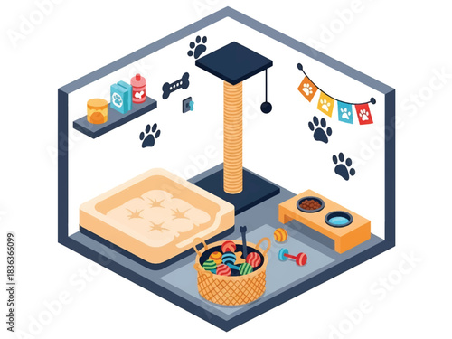 3D isometric pet room interior with bed, toys, food bowls, and climbing furniture, ideal for animal lover themes and home layout concepts