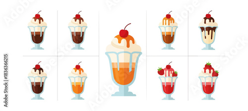 Variety of ice cream sundaes on black background