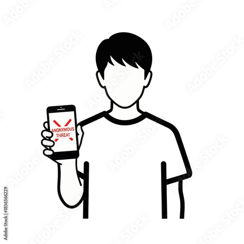 Person holding smartphone with anonymous threat message. Cyberbullying and online harassment concept. Black and white vector line art illustration