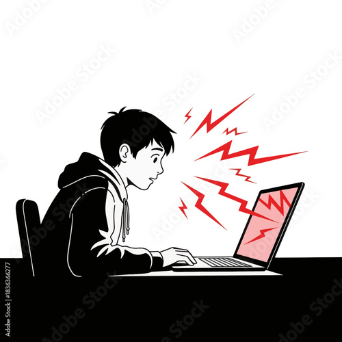 Cyberbullying and online harassment concept. Scared teenage boy facing aggression from laptop screen. Vector illustration