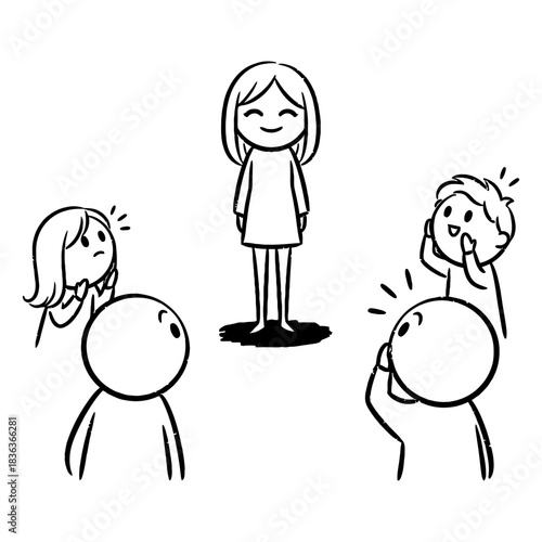 Minimalist Sketch of a Smiling Central Figure and Surrounding Observers