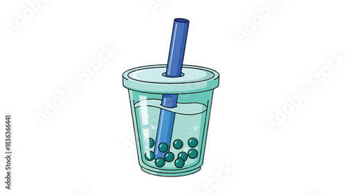 Refreshing bubble tea drink with tapioca pearls and blue straw.