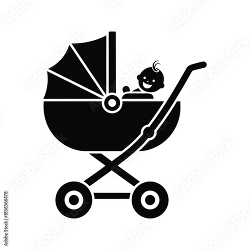 Simple black silhouette of a baby in a stroller