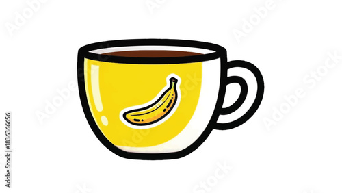 Yellow Coffee Cup with Banana Design Filled with Dark Coffee.
