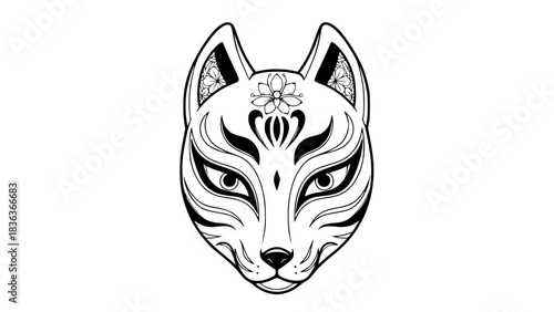 Kitsune fox mask, Japanese festival style, clean line art, black and white vector, isolated on white background