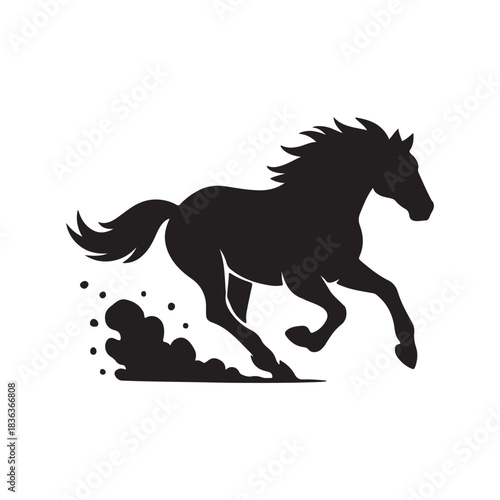 Silhouette of a Running Horse A Dynamic Black and White Illustration Perfect for Logos, Designs, and Emblems, Capturing the Essence of Speed and Freedom