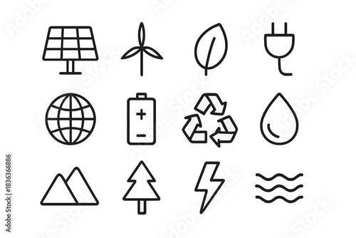 Green Energy Icons. Green energy icons. Line outline icon set of green energy icons: solar panel, wind turbine