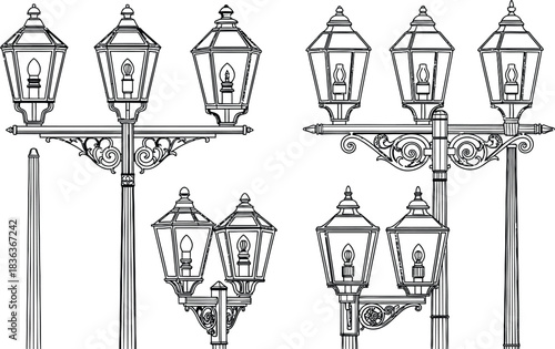 Vintage street lamp sketch collection with ornate details and classic design