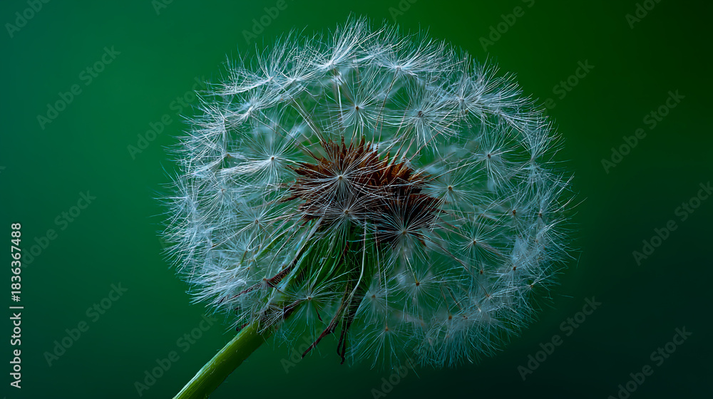 Fototapeta premium Beautiful dandelion flower with seeds ready to be dispersed against a green background. Stunning nature photography, captured with a macro lens.