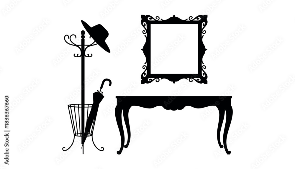 Αυτοκόλλητο Black silhouette of a vintage coat rack with hat and umbrella next to an ornate