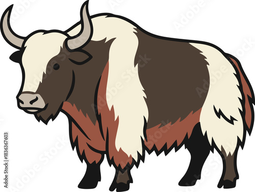 A stylized vector illustration of a sturdy yak featuring a thick shaggy coat with distinctive brown and cream markings, curved horns, and a calm demeanor, designed in a flat cartoon style.