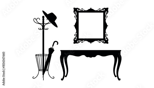 Black silhouette of a vintage coat rack with hat and umbrella next to an ornate mirror and console table