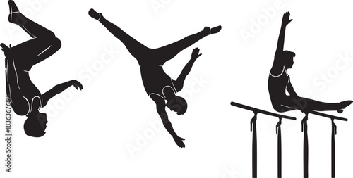 Male Gymnasts Dynamic Silhouettes – Minimalistic Athletic Action Illustrations