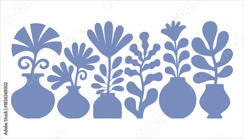 Collection of abstract blue floral silhouettes in vases on white background vector