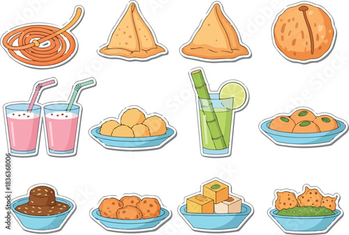 Delicious Indian Sweets and Snacks Sticker Set Illustration